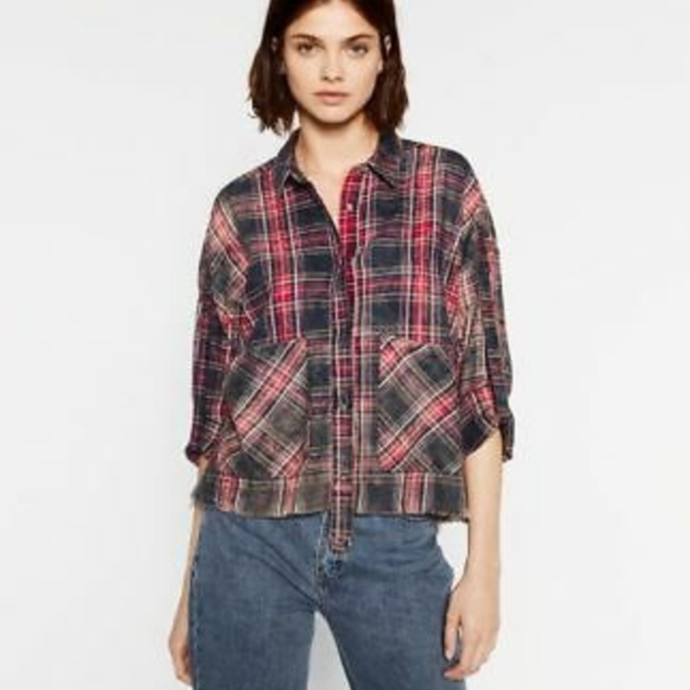 Zara Woman Destroyed Crop Flannel